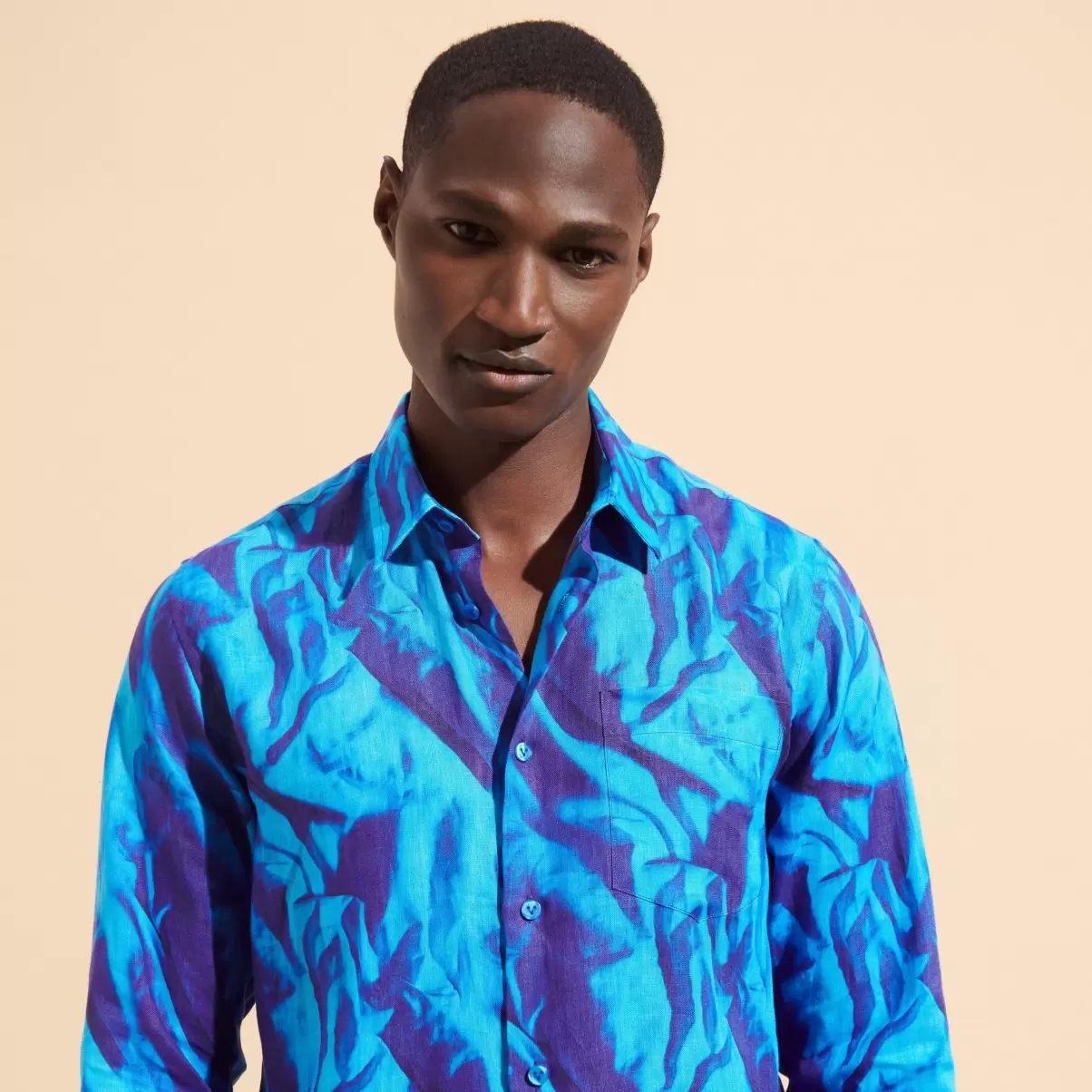 Compra Vilebrequin Hombre Camisa De Lino Con Estampado Les Draps Froissés Para Hombre Camisas Azul Neptuno / Azul - 2