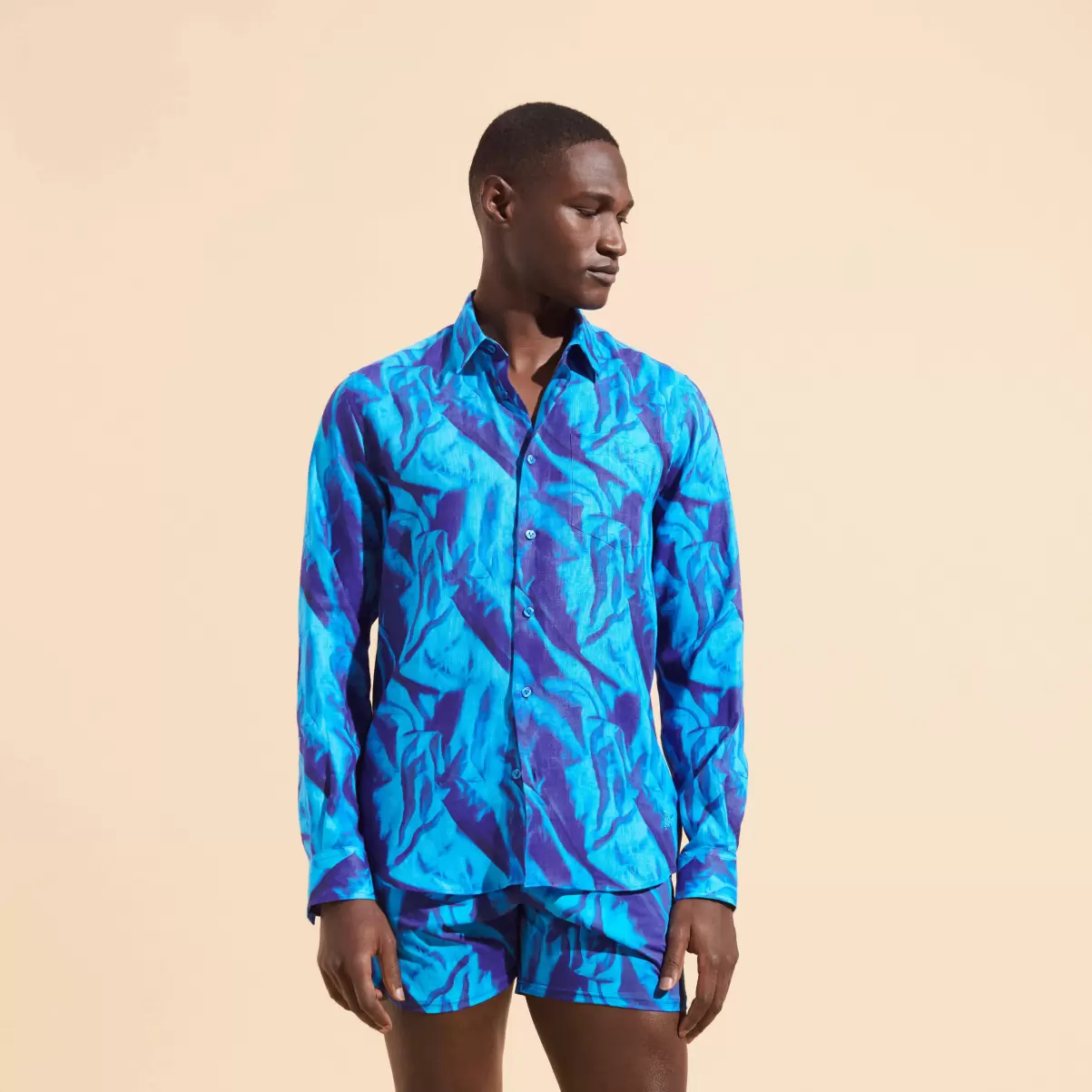 Compra Vilebrequin Hombre Camisa De Lino Con Estampado Les Draps Froissés Para Hombre Camisas Azul Neptuno / Azul