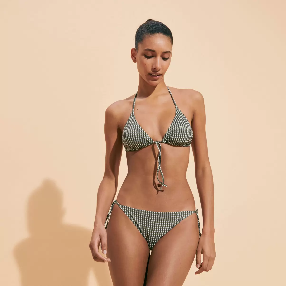 Dos Piezas Mujer Vilebrequin Braguita De Bikini De Corte Brasileño Con Tiras Laterales Para Anudar Y Estampado Pocket Checks Para Mujer Bronce / Verde Exclusivo