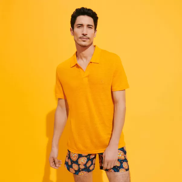 Hombre Asegurar Zanahoria / Naranja Polo En Punto De Lino De Color Liso Para Hombre Vilebrequin Polos