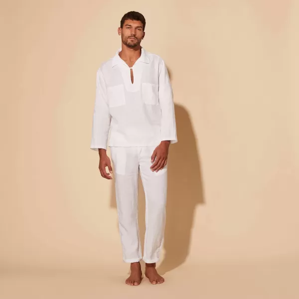 Blanco / Blanco Hombre Chaquetón De Lino En Color Liso Para Hombre Vilebrequin Camisas Liquidación