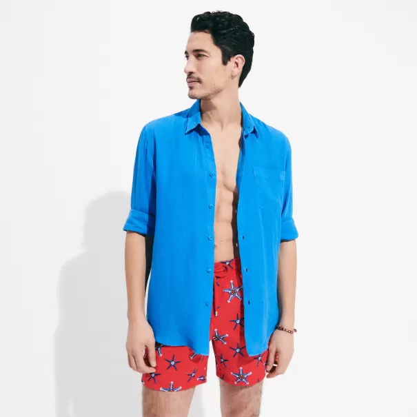 Vilebrequin Earthenware / Azul Camisa De Lino Lisa Para Hombre Oferta Especial Hombre Camisas