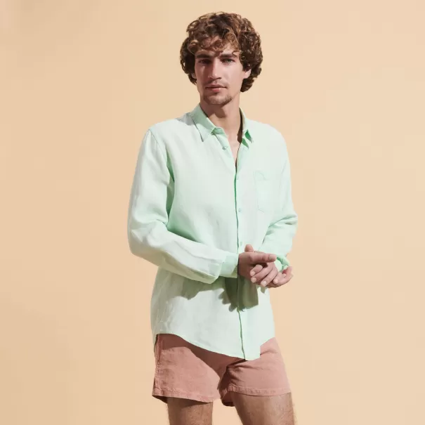Hombre Agua Verde / Verde Fiabilidad Camisa De Lino Lisa Para Hombre Vilebrequin Camisas