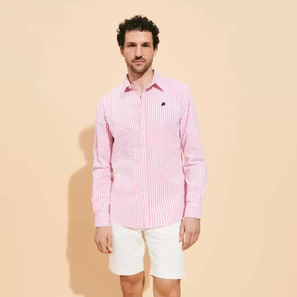 Vilebrequin Camisas Rosa Caramelo / Rosa Hombre Camisa De Sirsaca A Rayas Para Hombre Elegante