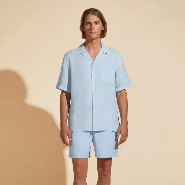 Hombre Camisas Chambray / Azul Camisa De Bolos De Lino De Color Liso Para Hombre - Vilebrequin X Highsnobiety Tienda Online