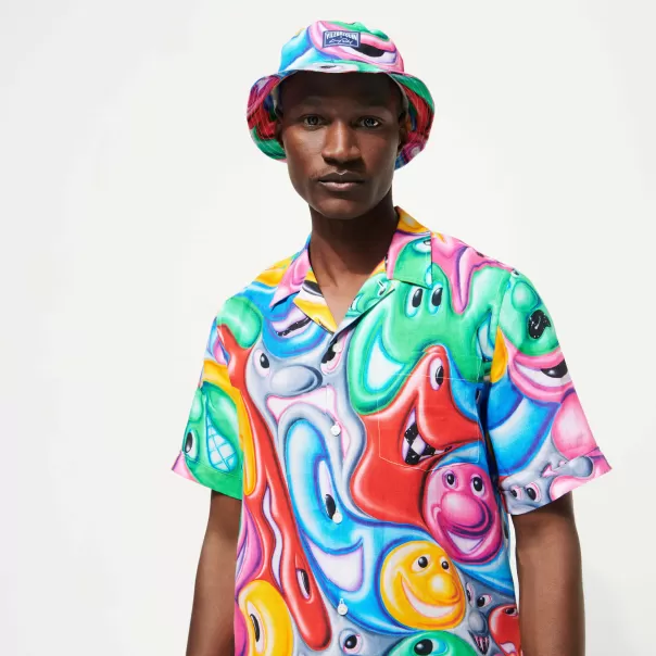 Hombre Multicolores / Multi Camisas Económico Camisa De Bolos De Lino Con Estampado Faces In Places Para Hombre - Vilebrequin X Kenny Scharf