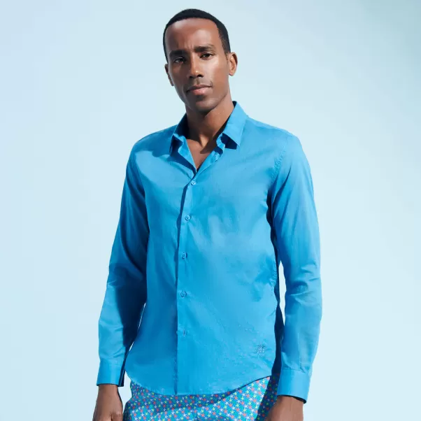 Vilebrequin Hombre Barato Camisa Ligera Unisex En Gasa De Algodón De Color Liso Calanque / Azul Camisas