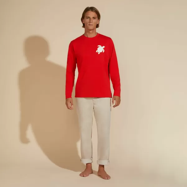 Amapola / Rojo Hombre Vender Camisetas Vilebrequin Camiseta De Algodón Con Manga Larga Y Parche De Tortuga Para Hombre