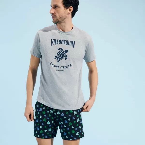 Hombre Camiseta De Algodón Con Estampado Turtles Leopard Para Hombre Vilebrequin Camisetas Gris Jaspeado / Gris Servicio