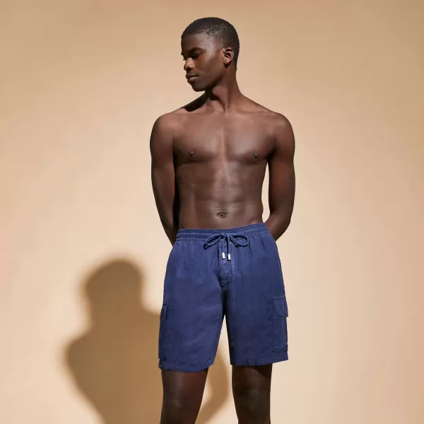 Azul Marino / Azul Vilebrequin Promoción Hombre Shorts Bermudas Tipo Cargo En Lino De Color Liso Para Hombre
