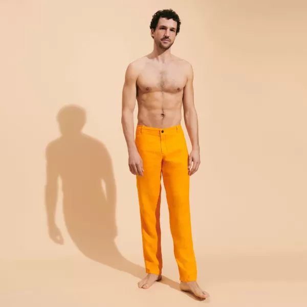 Exclusivo Zanahoria / Naranja Pantalones Pantalón Recto En Lino De Color Liso Para Hombre Hombre Vilebrequin