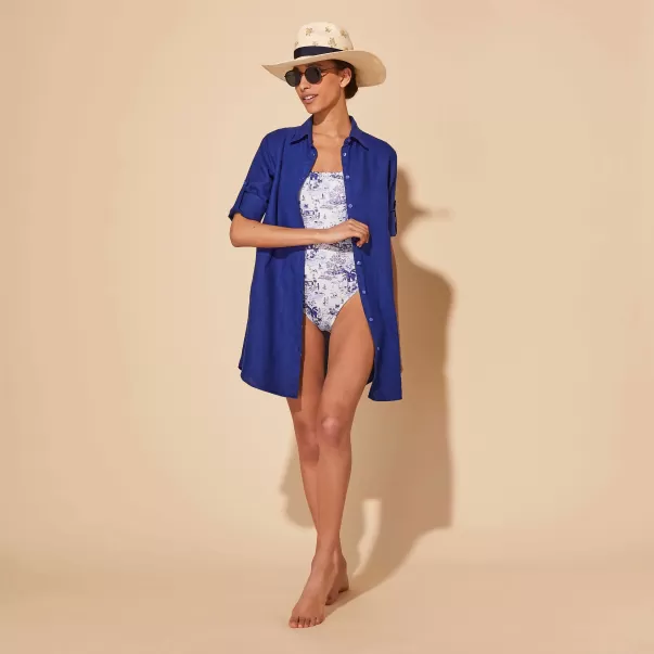 Vilebrequin Mujer Vestido Camisero De Lino De Color Liso Para Mujer Vestidos Precio De Coste Ink / Azul