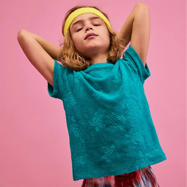 Camisetas Vilebrequin Tropezian Green / Verde Autorización Niño Camiseta De Felpa Con Cuello Redondo Y Estampado Rondes Des Tortues Para Niños